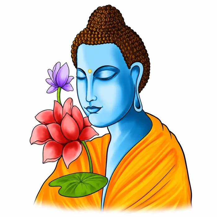 A vibrant digital illustration of Lord Buddha with blue skin, closed eyes, and a saffron robe next to a red lotus. | PrintPosters.in