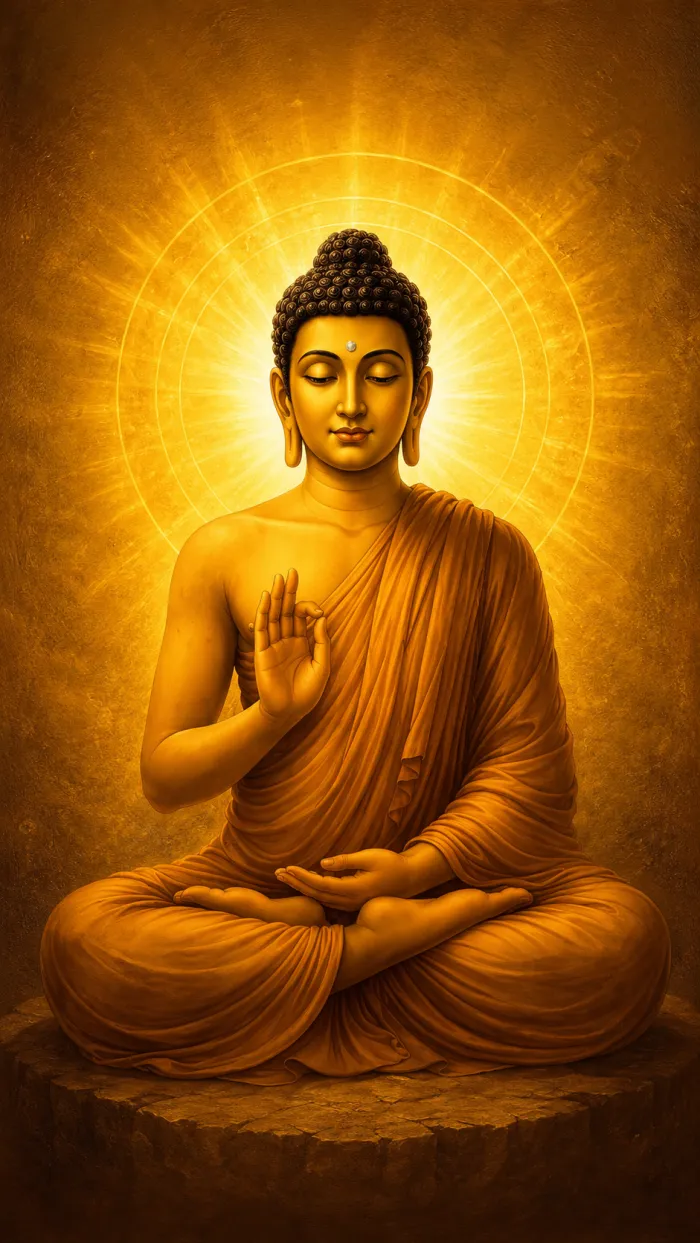 A serene golden painting of Lord Buddha meditating with a radiating circular aura behind his head. | PrintPosters.in