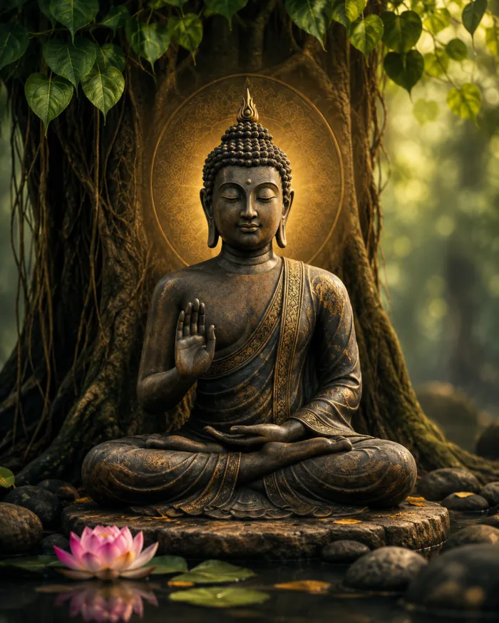A bronze Lord Buddha statue meditating under a Bodhi tree with a pink lotus in the foreground. | PrintPosters.in