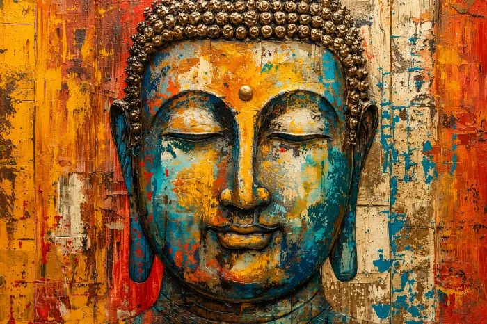 Abstract textured canvas print of Lord Buddha's face in vibrant teal, gold, and orange hues with closed eyes. | PrintPosters.in