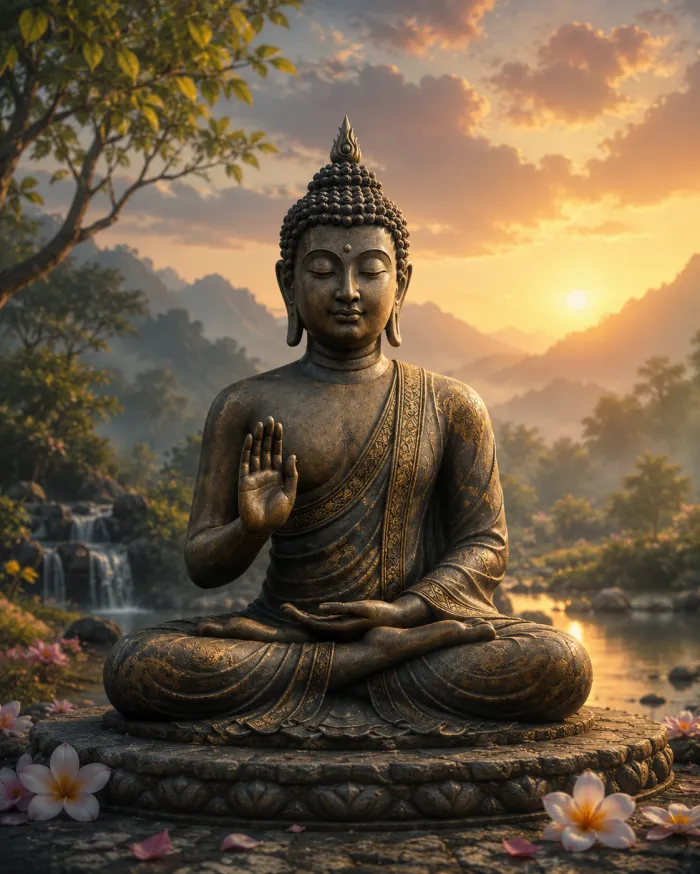 A bronze Lord Buddha statue meditating in Abhaya Mudra posture during a golden sunrise with a waterfall background. | PrintPosters.in