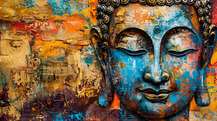 Textured modern abstract painting of Lord Buddha's face in serene blue and gold tones with a vibrant palette knife background. | PrintPosters.in
