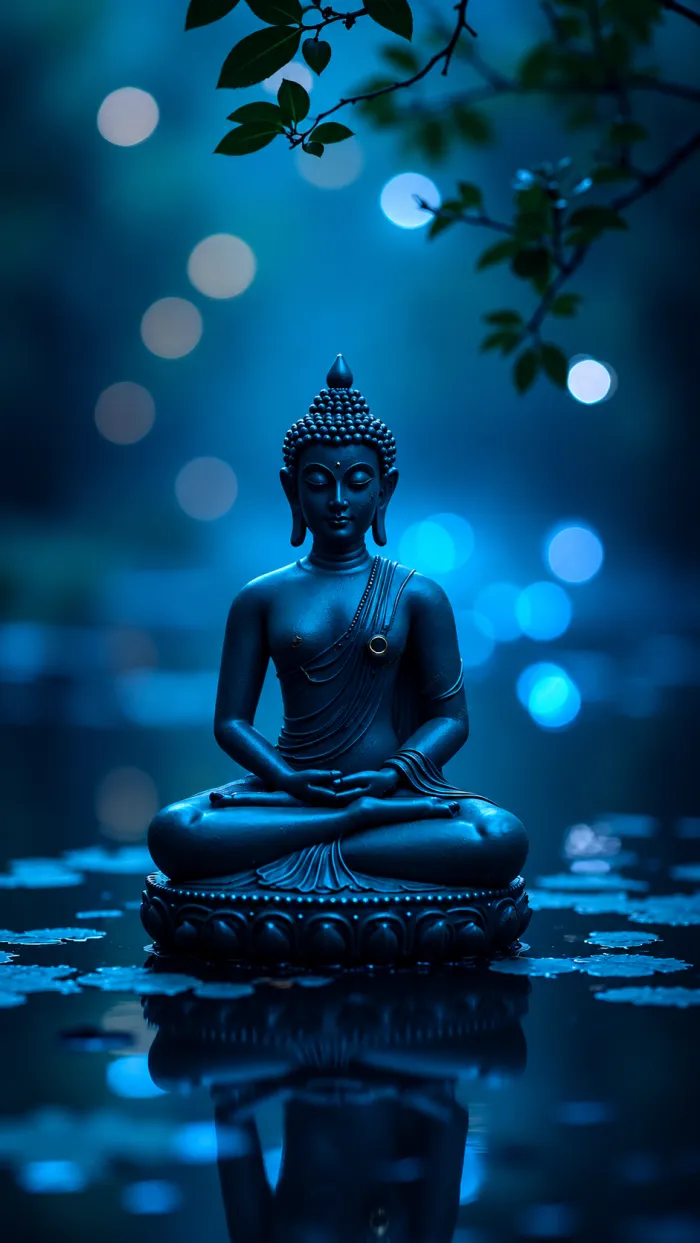 A serene blue-toned digital art print of Lord Buddha meditating in dhyana mudra over water with reflections. | PrintPosters.in