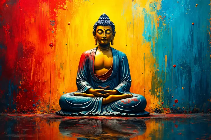 A colorful painting of Lord Buddha meditating in padmasana pose against a vibrant red, yellow, and blue textured background. | PrintPosters.in