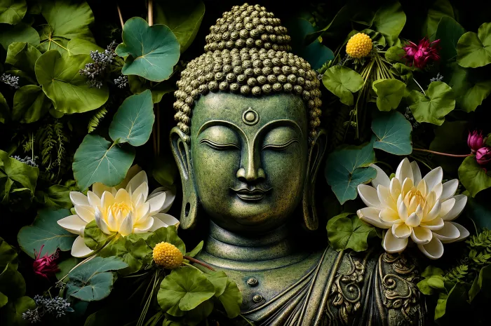 A green-patina bust of Lord Buddha with closed eyes, surrounded by lush green leaves and white lotus flowers. | PrintPosters.in