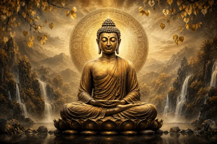 A golden statue of Lord Buddha meditating on a lotus throne amidst misty mountains and waterfalls under golden Bodhi leaves. | PrintPosters.in