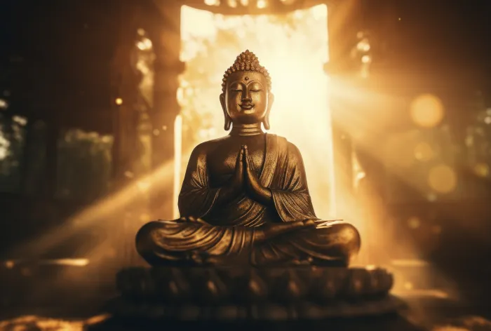 A golden statue of Lord Buddha meditating in a prayer pose, illuminated by brilliant rays of divine light from behind. | PrintPosters.in