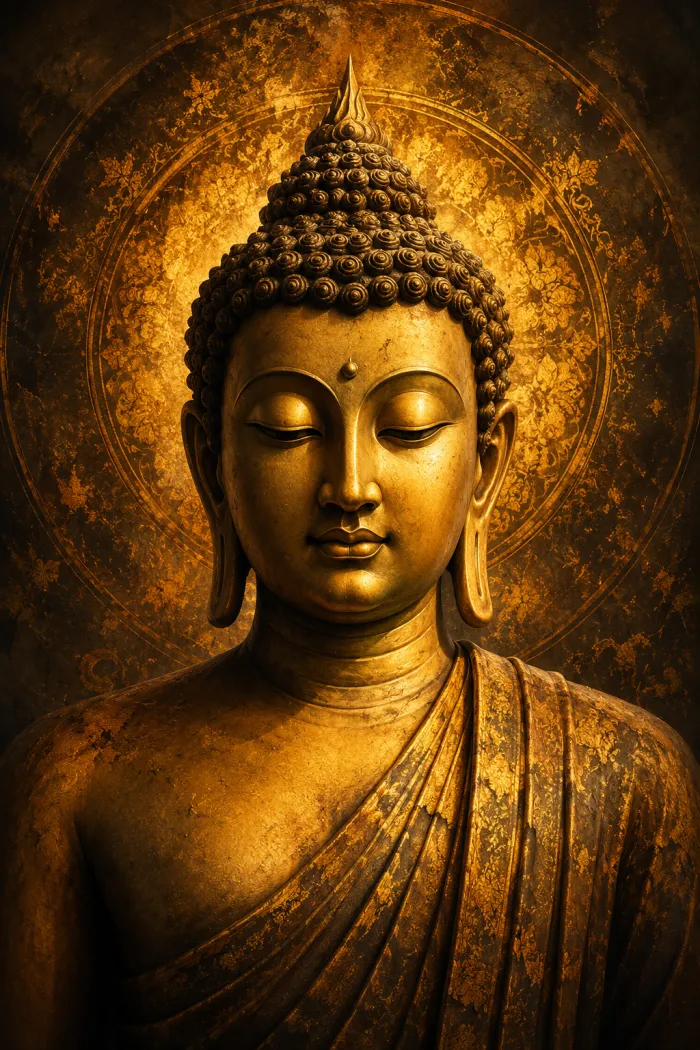 A serene golden portrait of Lord Buddha with closed eyes and an intricate circular halo background. | PrintPosters.in