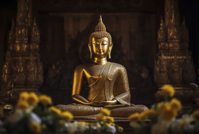 A golden statue of Lord Buddha in meditation pose, with blurred yellow marigold flowers in the foreground. | PrintPosters.in