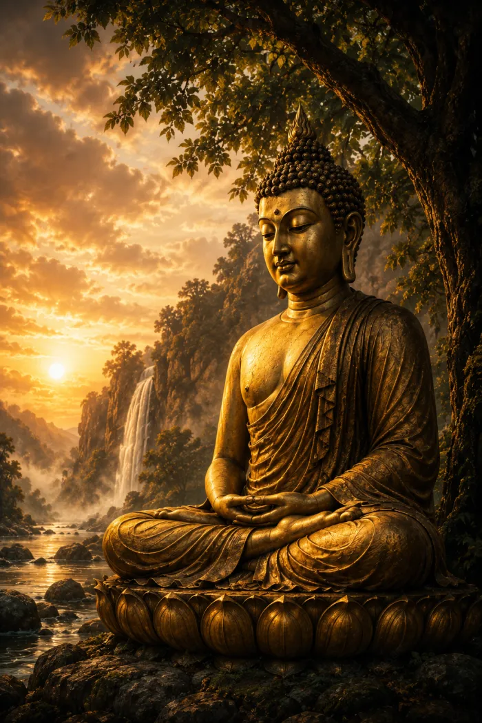 A majestic golden statue of Lord Buddha meditating on a lotus throne by a river with a waterfall at sunset. | PrintPosters.in