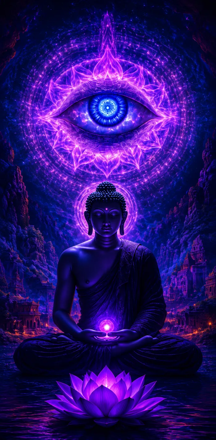 Digital art of Lord Buddha meditating in purple cosmic light with a giant third eye mandala above him. | PrintPosters.in