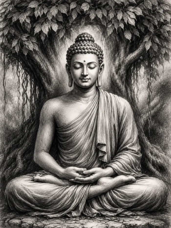 Monochrome pencil sketch of Lord Buddha meditating in lotus position under a detailed Bodhi tree. | PrintPosters.in