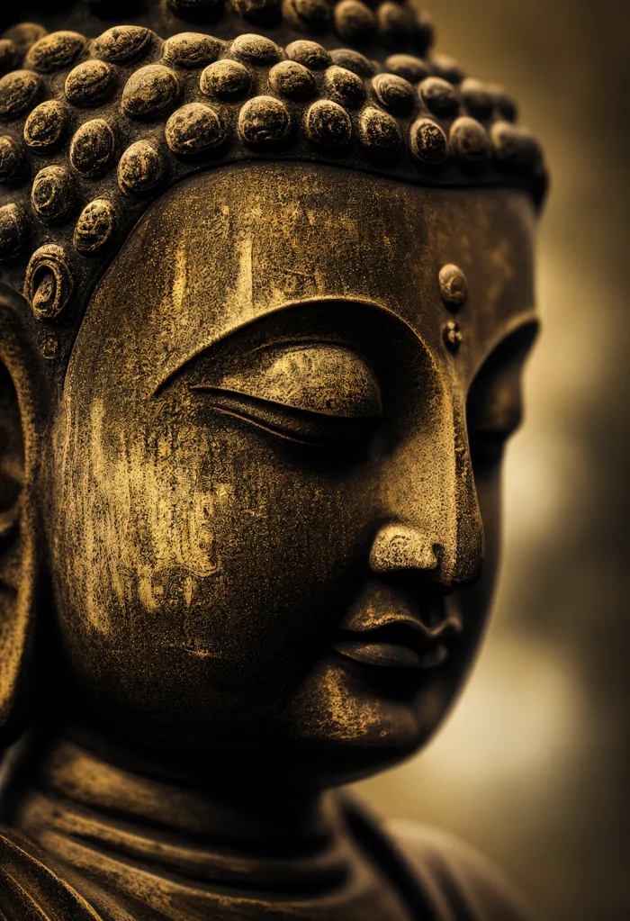 Close-up of a golden bronze Lord Buddha face sculpture with eyes closed in deep meditation. | PrintPosters.in
