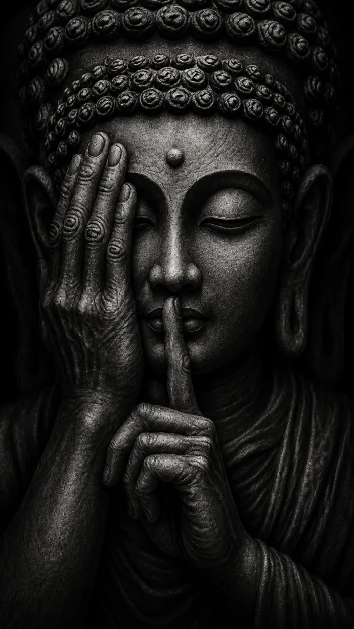 A close-up black and white image of a stone-textured Lord Buddha statue with one hand covering his eye and a finger on his lips. | PrintPosters.in