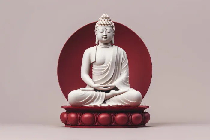 A minimalist white Buddha statue sitting in meditation against a bold red circular halo and pedestal. | PrintPosters.in