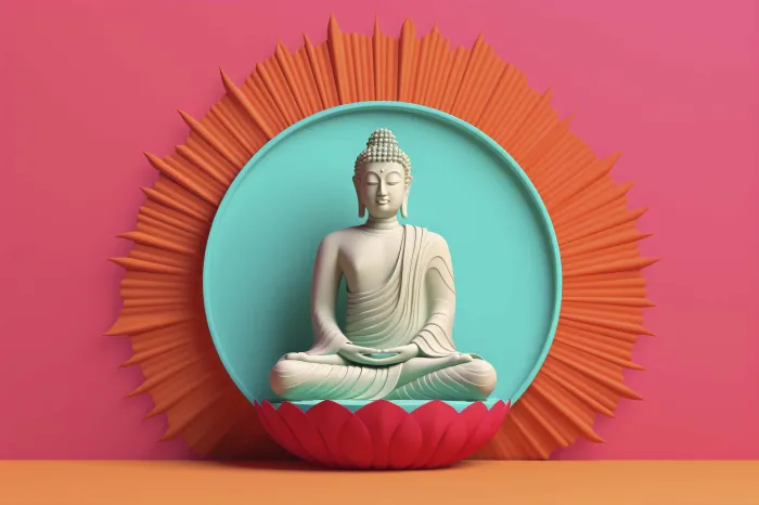 A 3D rendered minimalist white Buddha statue sitting in meditation on a pink lotus against a teal circle and orange sunburst. | PrintPosters.in