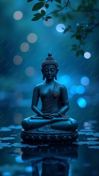 A serene blue-toned digital artwork of Lord Buddha meditating on a lotus pedestal with soft bokeh lights in the background. | PrintPosters.in