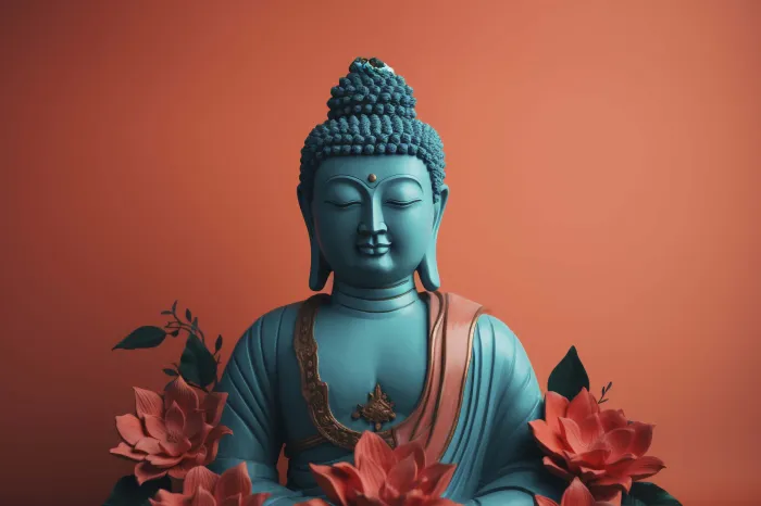 A serene turquoise-blue statue of Lord Buddha with closed eyes, surrounded by pink lotus flowers against a terracotta background. | PrintPosters.in