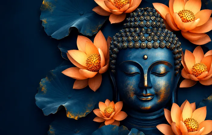 A serene midnight blue Lord Buddha head with gold accents, surrounded by vibrant orange lotus flowers and dark blue leaves. | PrintPosters.in