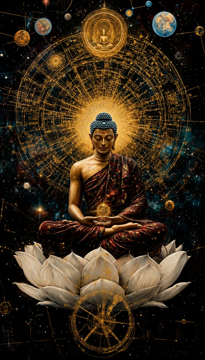 A serene digital painting of Lord Buddha meditating on a white lotus against a golden cosmic mandala and starry galaxy. | PrintPosters.in
