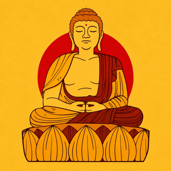 Vibrant pop art illustration of Lord Buddha meditating on a lotus with a red halo on a yellow background. | PrintPosters.in