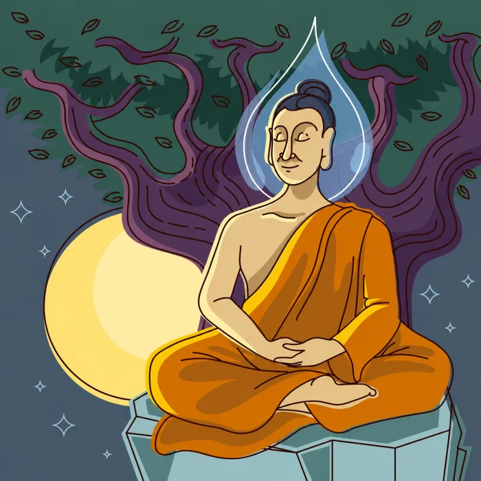 A modern vector illustration of Lord Buddha meditating under the Bodhi tree at night with a full moon. | PrintPosters.in