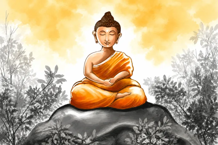 Watercolor painting of Lord Buddha meditating on a rock in saffron robes, surrounded by grayscale foliage. | PrintPosters.in