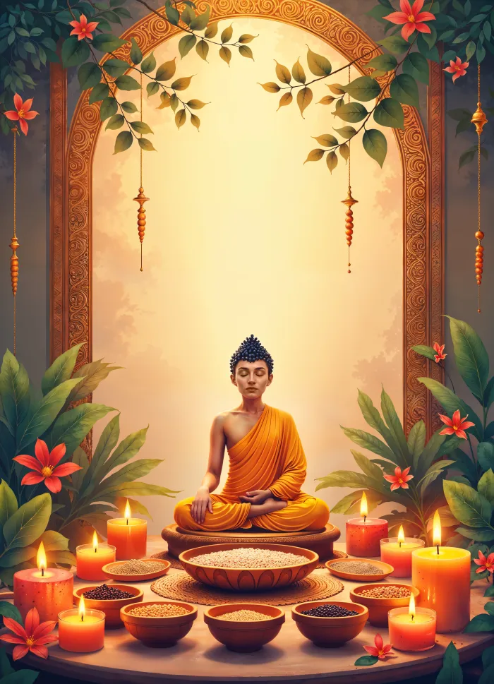 A serene digital painting of Gautama Buddha meditating in saffron robes, surrounded by glowing candles and bowls of grains. | PrintPosters.in