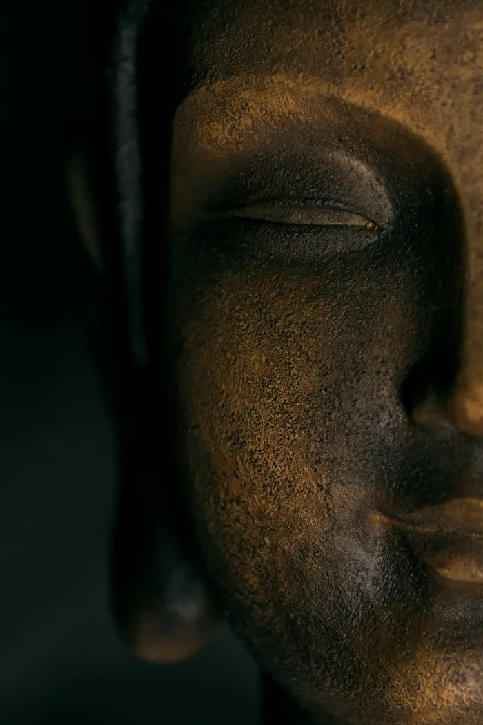 A close-up photograph of a dark bronze Lord Buddha face statue, illuminated from one side with deep shadows. | PrintPosters.in