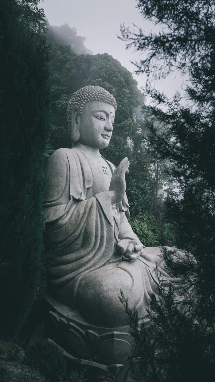 A large stone statue of Lord Buddha meditating amidst a misty green forest, featuring a sacred swastika on his chest. | PrintPosters.in