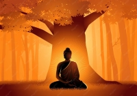 Silhouette of Lord Buddha meditating under a large Bodhi tree with a glowing golden sunburst aura in an orange forest. | PrintPosters.in