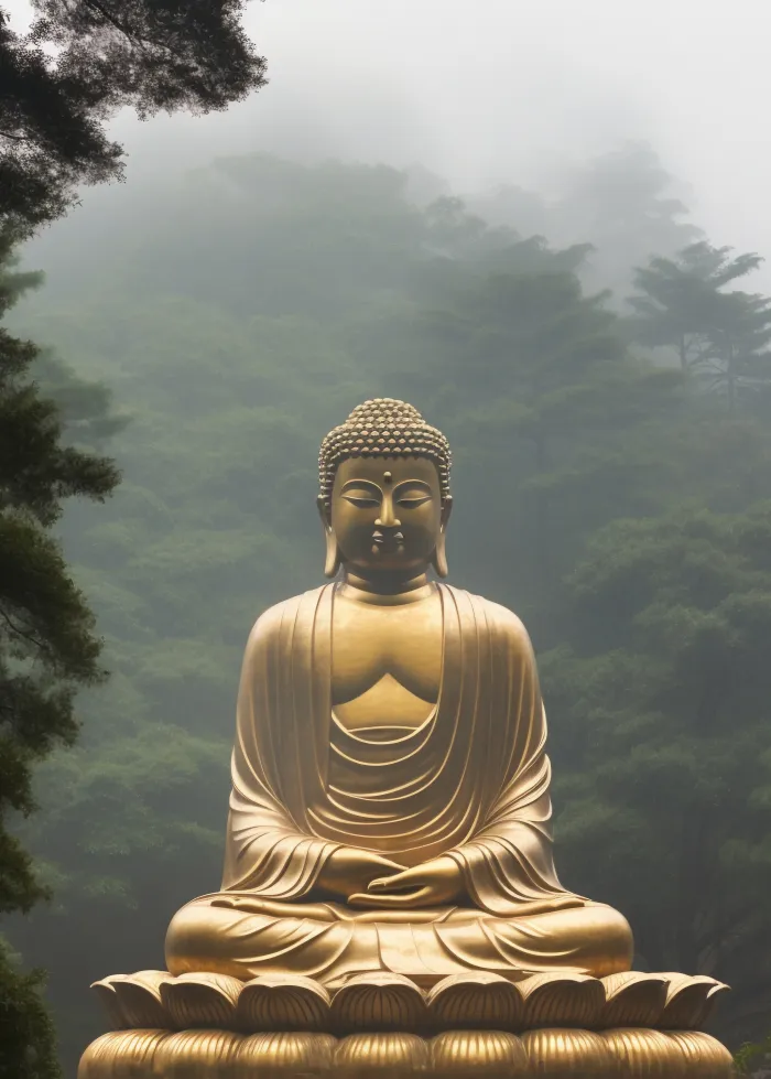 A majestic golden statue of Gautama Buddha meditating on a lotus throne against a misty green forest background. | PrintPosters.in