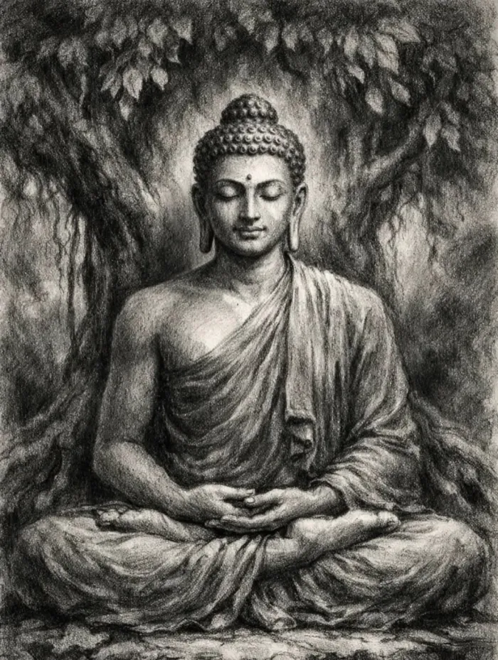 A monochrome charcoal sketch of Lord Buddha meditating in lotus position under a leafy Bodhi tree. | PrintPosters.in