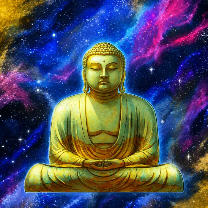 A serene golden Buddha statue meditating in front of a vibrant blue and magenta cosmic galaxy background. | PrintPosters.in