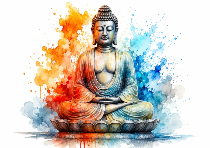 A vibrant watercolor painting of Gautama Buddha meditating in Dhyana Mudra on a lotus, with colorful orange and blue splashes. | PrintPosters.in