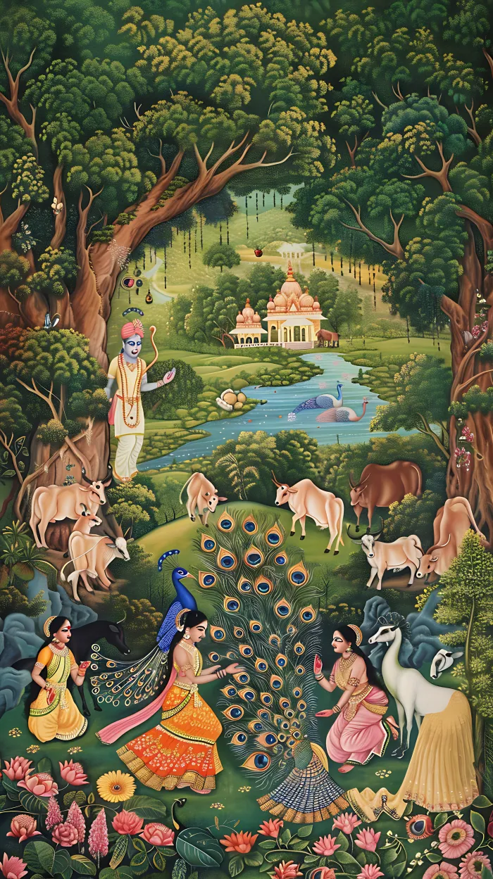 https://printposterscustimages.blr1.digitaloceanspaces.com/gallery/12/thumb/colorful-painting-people-animals-lush-forest-village-setting-featuring-peacocks.webp