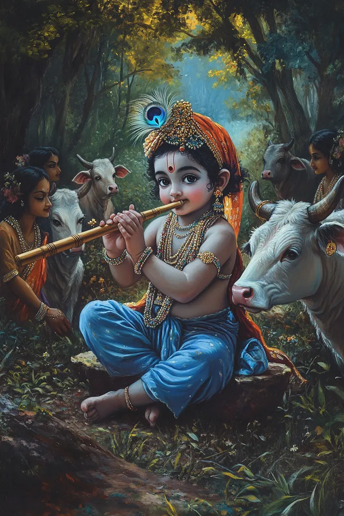 Playful Baby Krishna and Sacred Cows Art