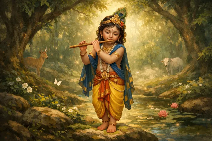 Young Krishna Playing Flute in Enchanted Forest