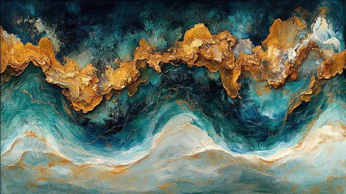 Blue Gold & White Waves Abstract Print