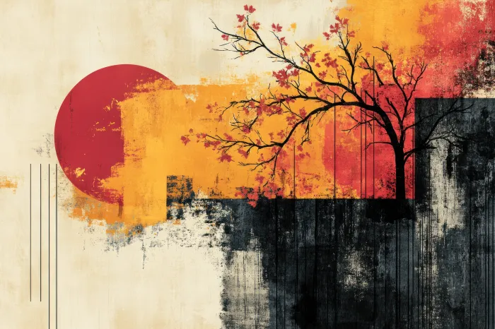 Red Sun & Tree Geometric Abstract