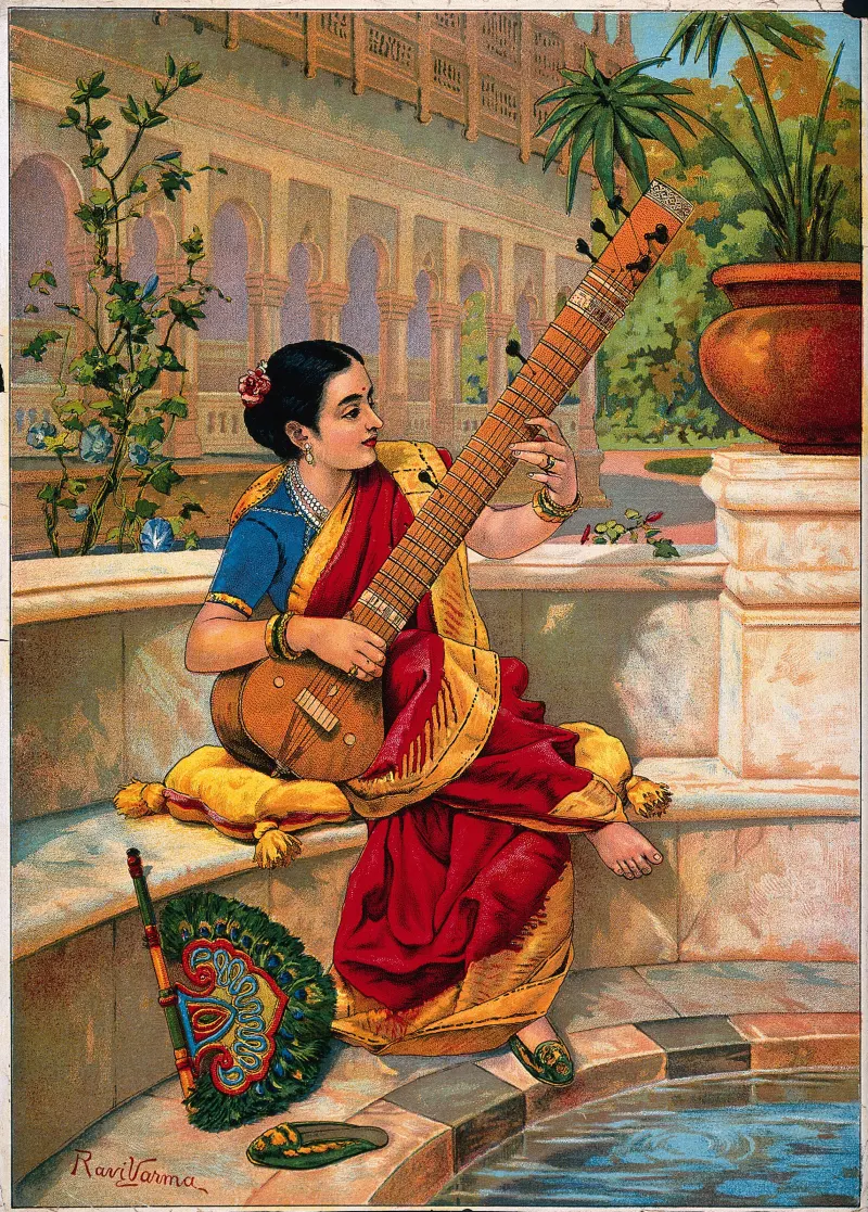 Indian Woman Playing Sitar Vintage Canvas Print wall art print | PrintPosters.in