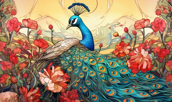Art Nouveau Peacock and Roses Canvas Print wall art print | PrintPosters.in