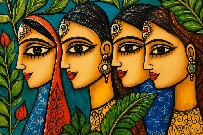 Vibrant Indian Women Folk Art Portrait Canvas wall art print | PrintPosters.in