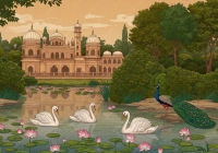 Mughal Garden with Peacock and Swans Canvas wall art print | PrintPosters.in