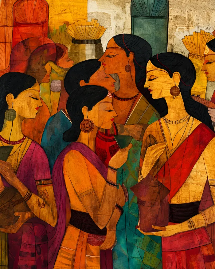 Stylized Indian Women Gathering Canvas Print wall art print | PrintPosters.in
