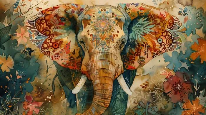 Colorful Patterned Elephant Watercolor Canvas wall art print | PrintPosters.in