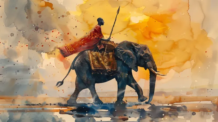 African Warrior Riding Elephant Watercolor Canvas wall art print | PrintPosters.in