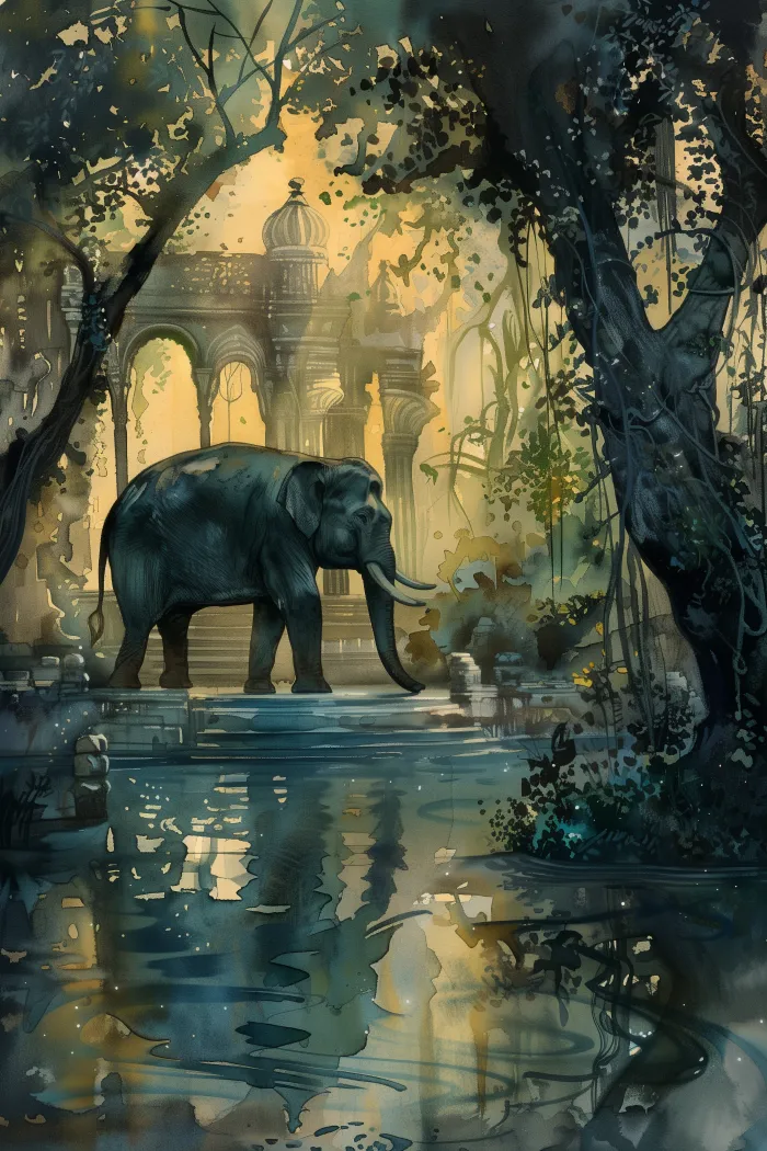 Elephant at Ancient Jungle Temple Watercolor Canvas wall art print | PrintPosters.in