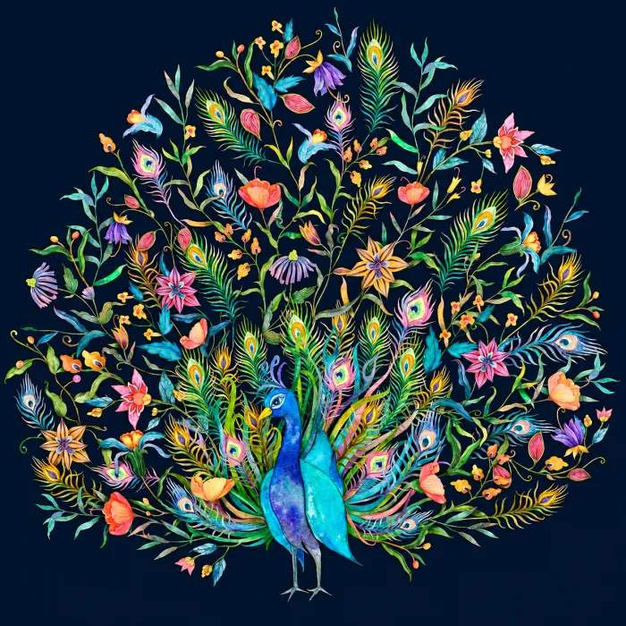 Vibrant Peacock Tail Floral Watercolor Canvas wall art print | PrintPosters.in