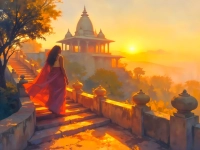 Woman Ascending Temple Stairs Sunset Canvas wall art print | PrintPosters.in